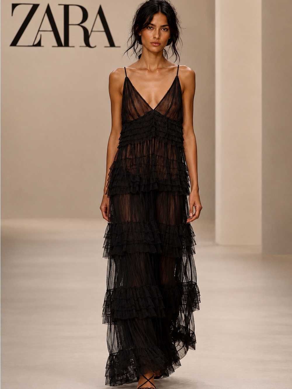 🌸 Whimsigoth Black Tiered Maxi Lace Dress SizeM ZARA grunge black fairy bohemian